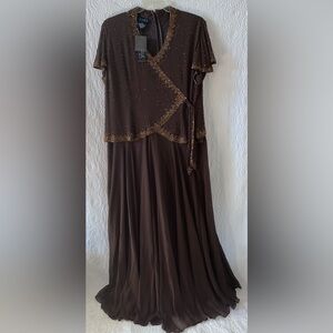 Jkara Beaded Bodice V-Neck Short Sleeve Faux Wrap Gown
